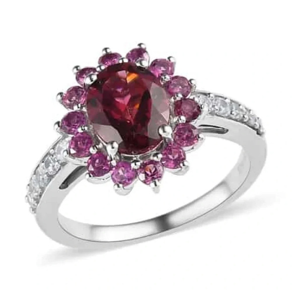 Wine Garnet & Natural White Zircon Sunburst Ring - Picture 6 of 8